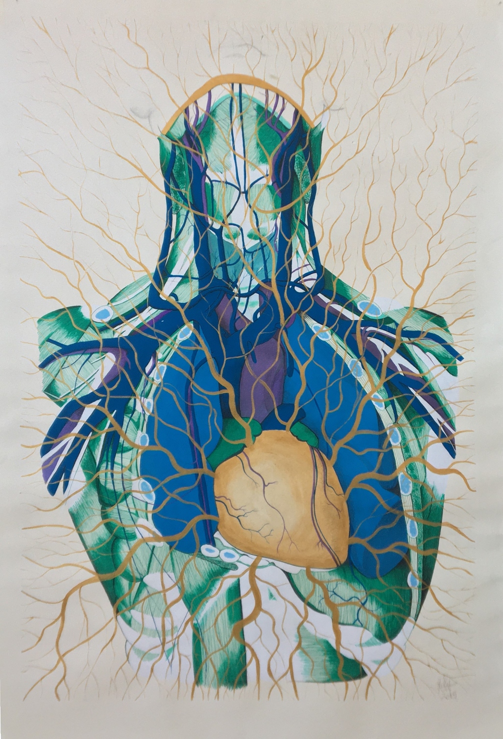 Corazón radiante. Acrílico y tinta sobre papel. 71 x 112 cm. 2018. Vendida