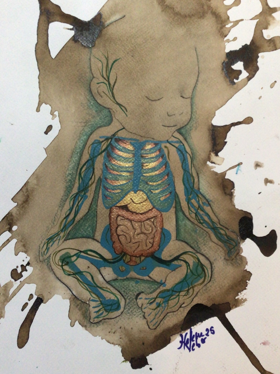 Bebe café. Acrílico sobre papel 24 x 32 cm. 2025 