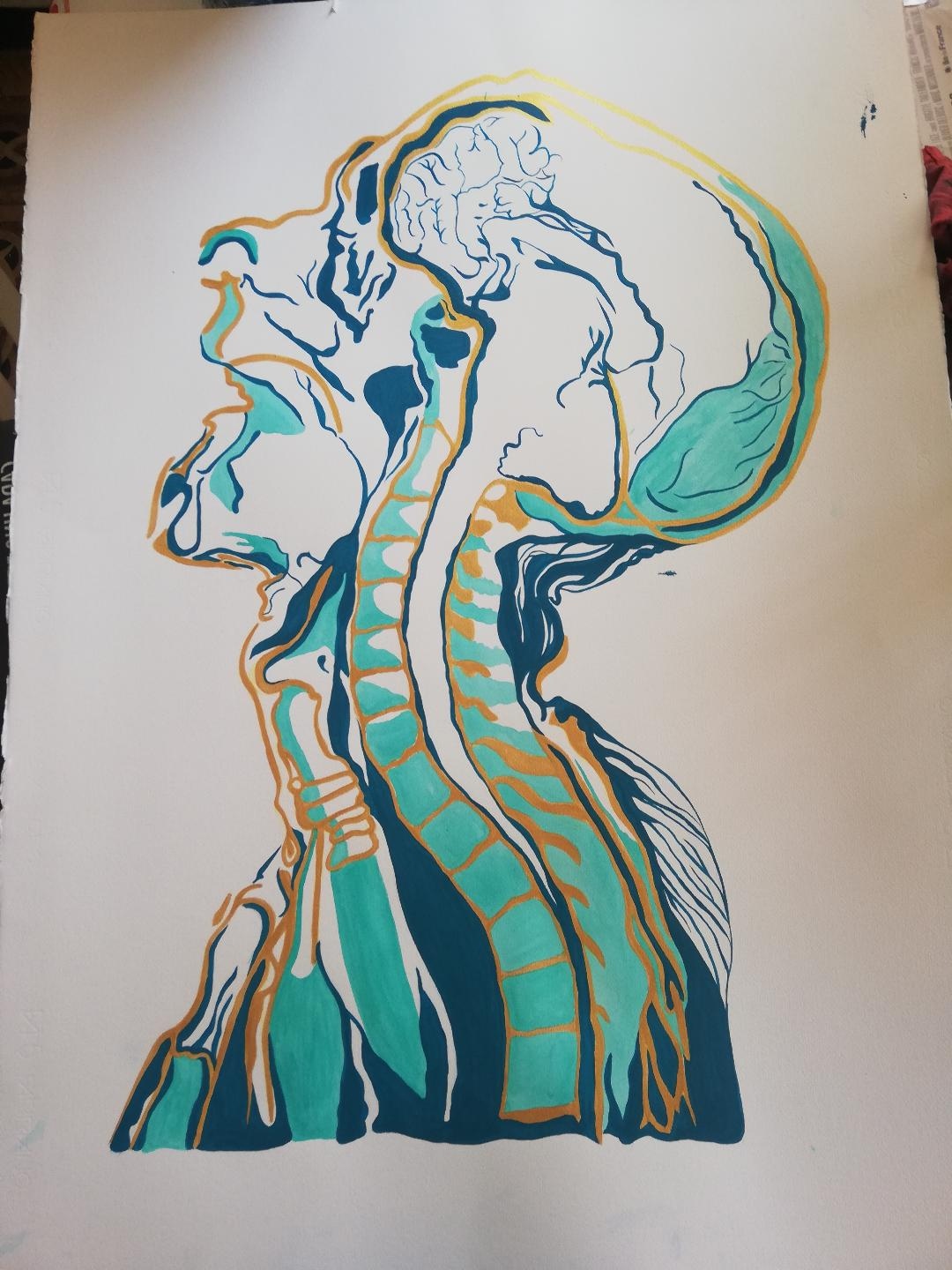 Perfil izquierdo turquesa. Acrílico sobre papel. 70 x 100 cm. 2020