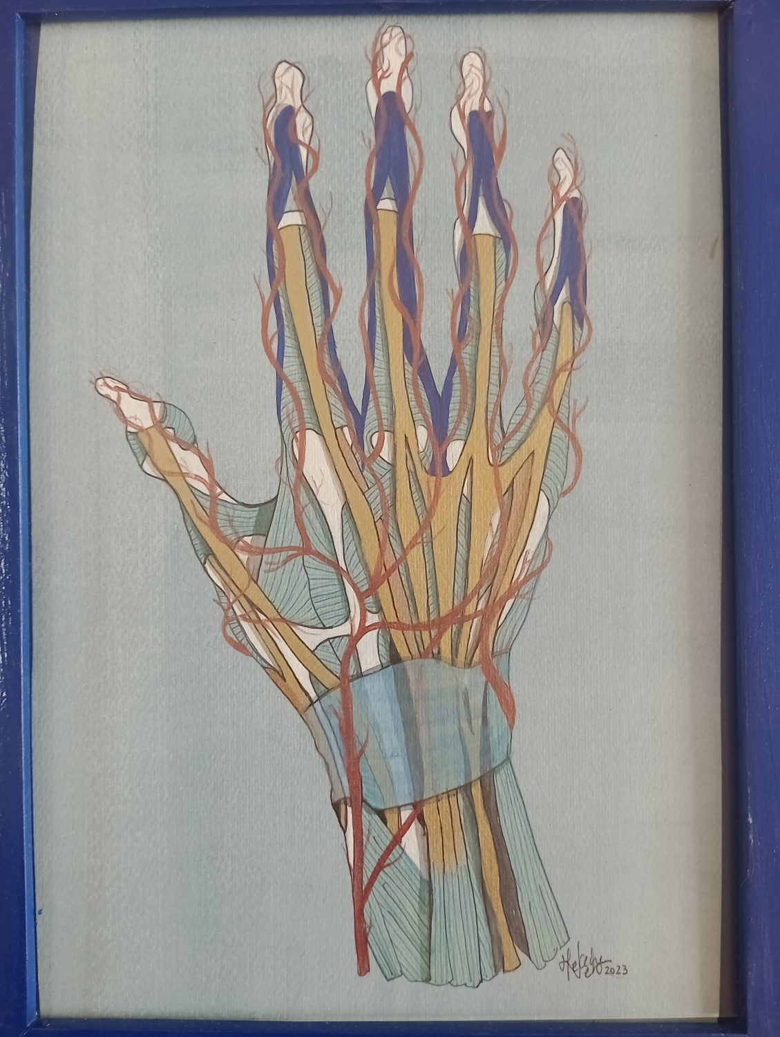 Mano azul pequeña. Acrílico sobre papel. 30 x 20 cm. 2023. Vendida