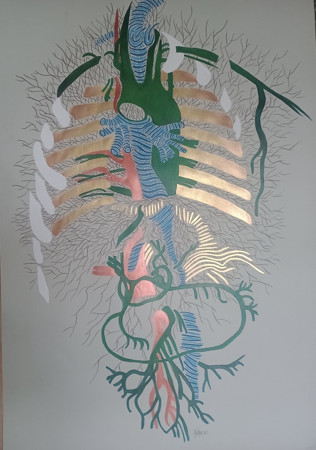 Tórax rayado. Acrílico sobre papel.70 x 100 cm. 2020