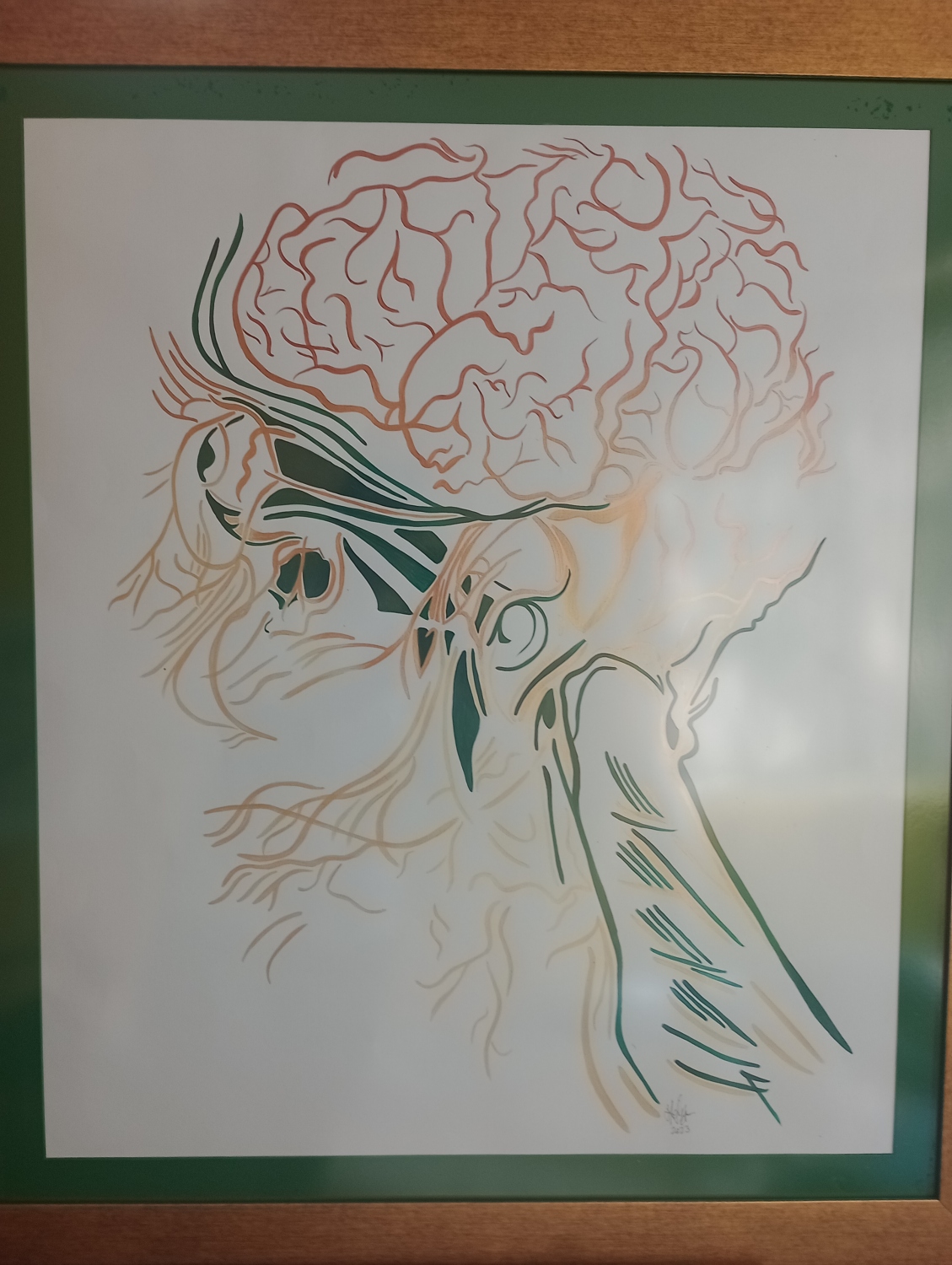 Perfil metálico con cerebro cobre. Acrílico sobre papel. 75 x 70 cm. 2023. Vendida