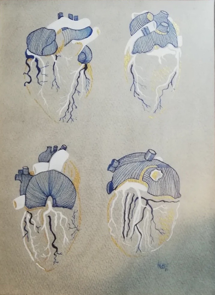 4 corazones de Rosalía. Acrílico sobre papel. 25 x 34 cm. 2019