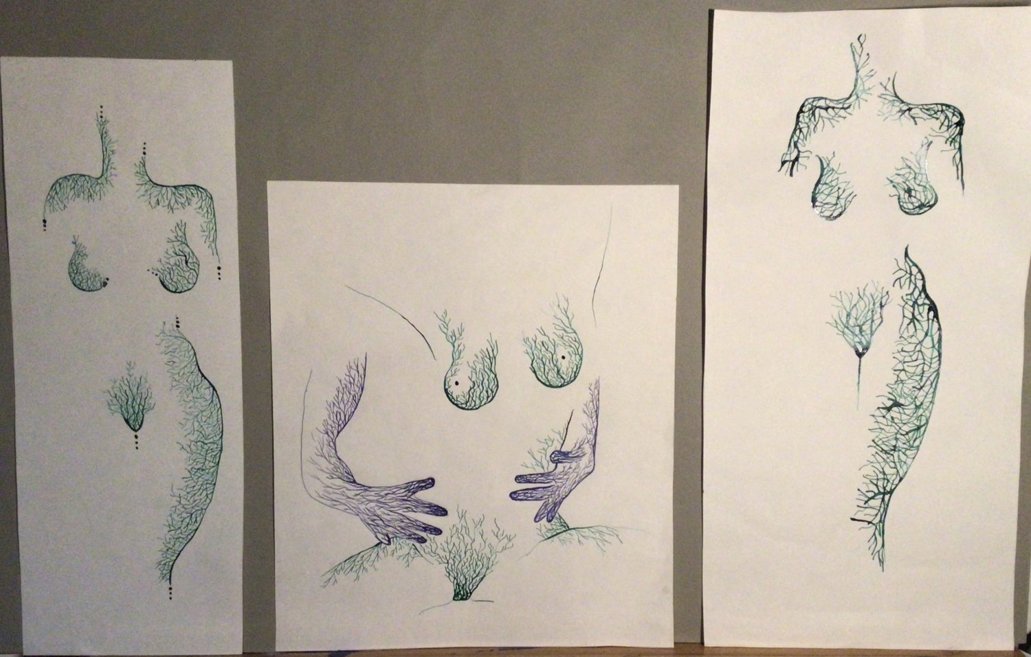 Trio organico. Tinta sobre papel. 13.8 x 37 cm. / 29.5 x 40.5 cm. / 40 x 19.8 cm. 2017