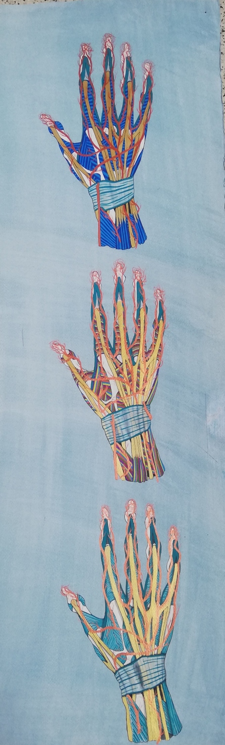 Tres manos. Acrílico sobre papel. 70 x 35 cm. 2022 