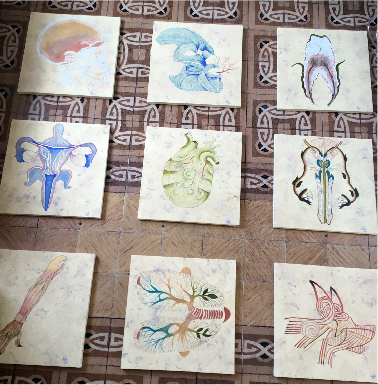 9 Órganos - elementos. Acrílico sobre lienzo. 50 x 50 cm. cada uno 2025