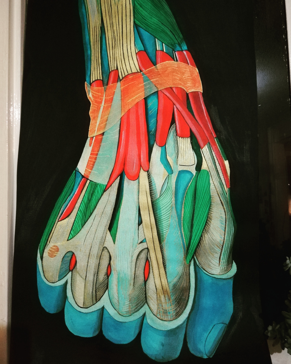 Mano multicolor. Acrílico sobre papel. 45.5 x 76 cm. (Vendida) 2018