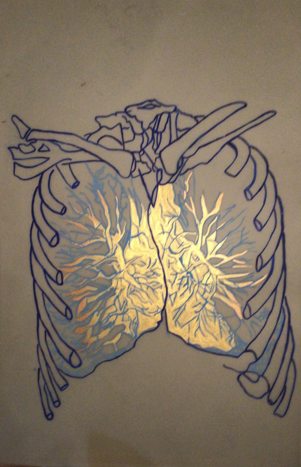 Pulmones dorado. Acrílico sobre hoja plastificada. 58 x 89 cm. 2022