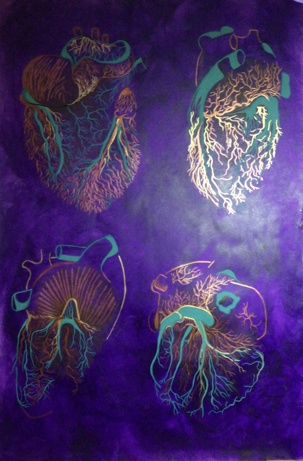 4 Corazones fondo morado. Acrílico sobre papel. 65 x 98cm. 2023