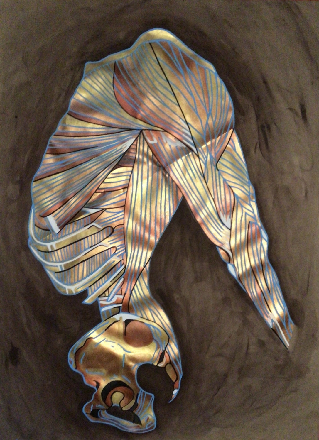 Thorax y brazo fondo cafe. Acrílico  y nogalina sobre papel. 69 x 94.5 cm.  2022