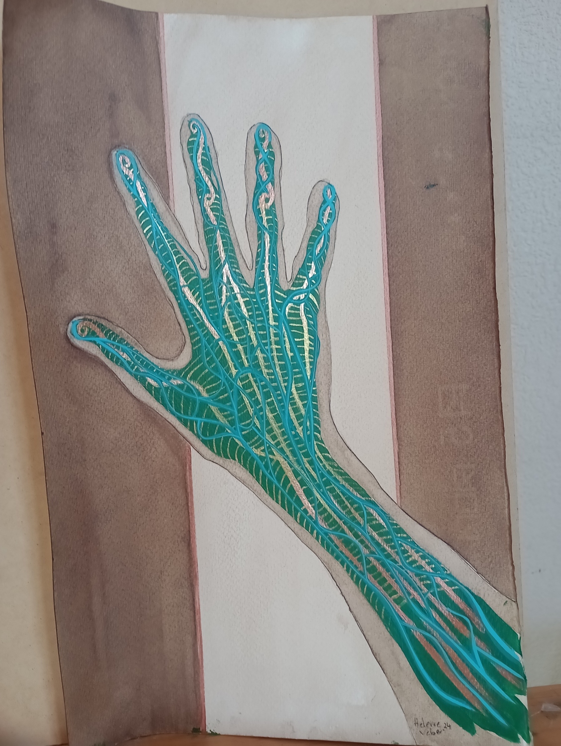 Mano verde. Nogalina y acrílico sobre papel. 30 x 40 cm. (Vendida) 2024