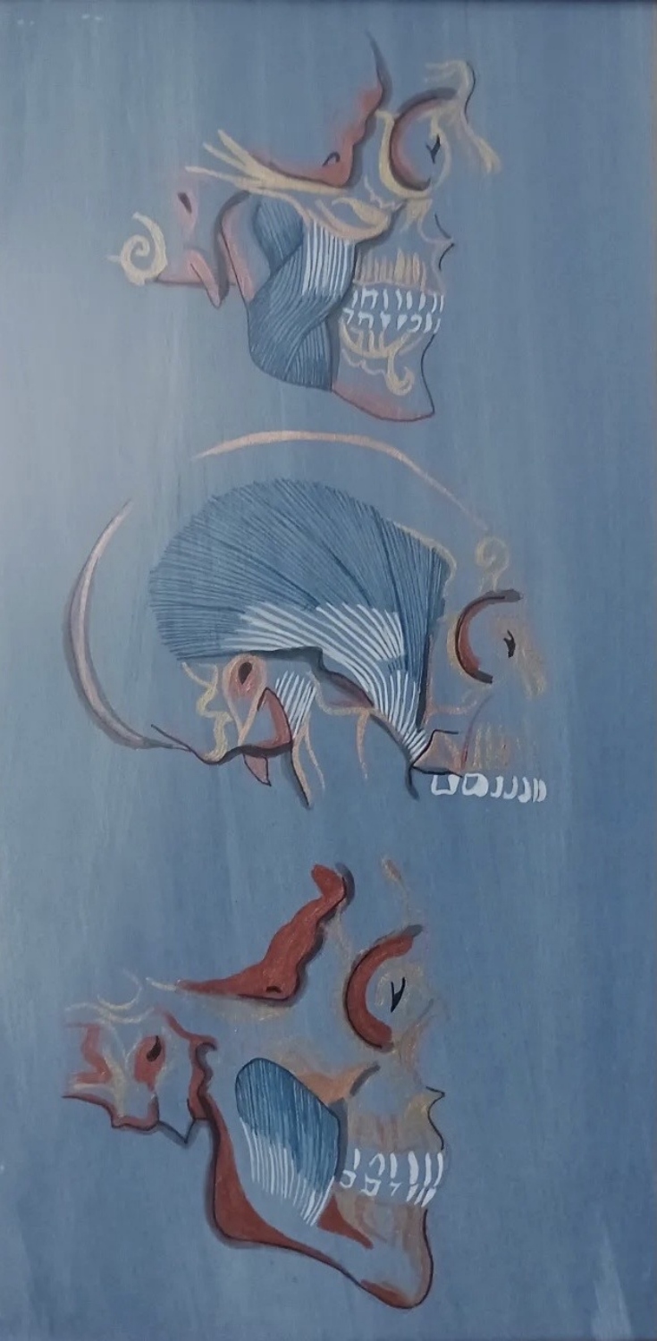 Trio de craneos. Acrílico sobre papel. 25 x 35 cm. 2023