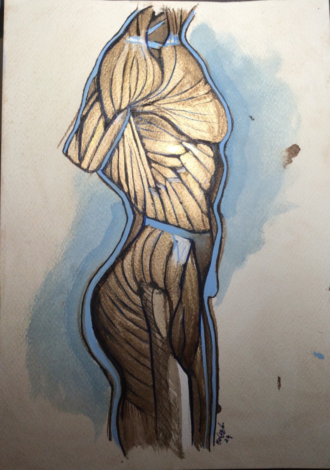 Torso dorado pequeño. Acrílico y nogalina  sobre papel. 21 x 29.7 cm. 2024