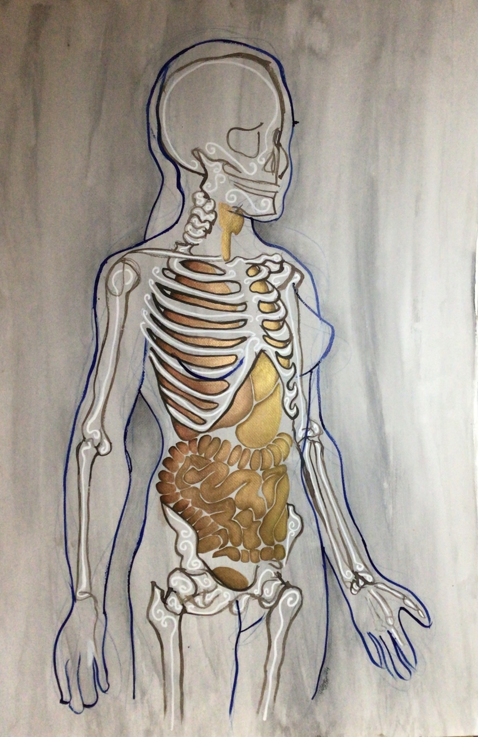 Mujer orgánica dorada. Acrilico sobre papel. 76 x 98 cm. 2025